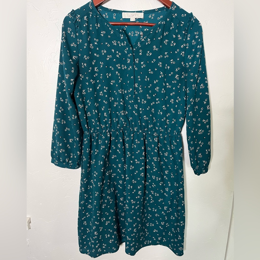 LOFT Teal Floral Long Sleeve Mini Dress Medium Petite